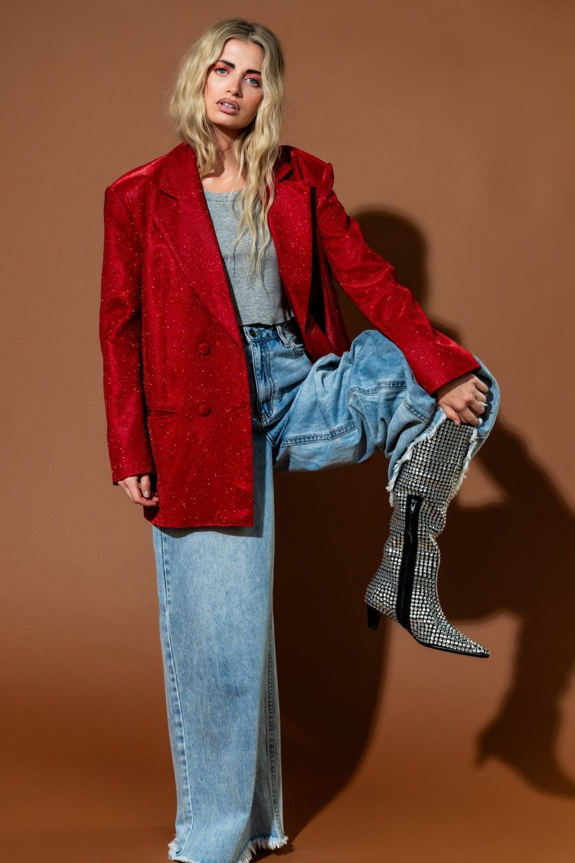 To The Disco Sparkle Boyfriend Blazer in Ruby Red - Dressed in Lala