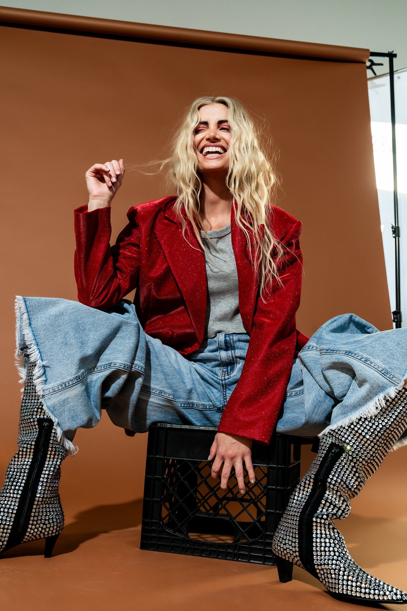 To The Disco Sparkle Boyfriend Blazer in Ruby Red - Dressed in Lala