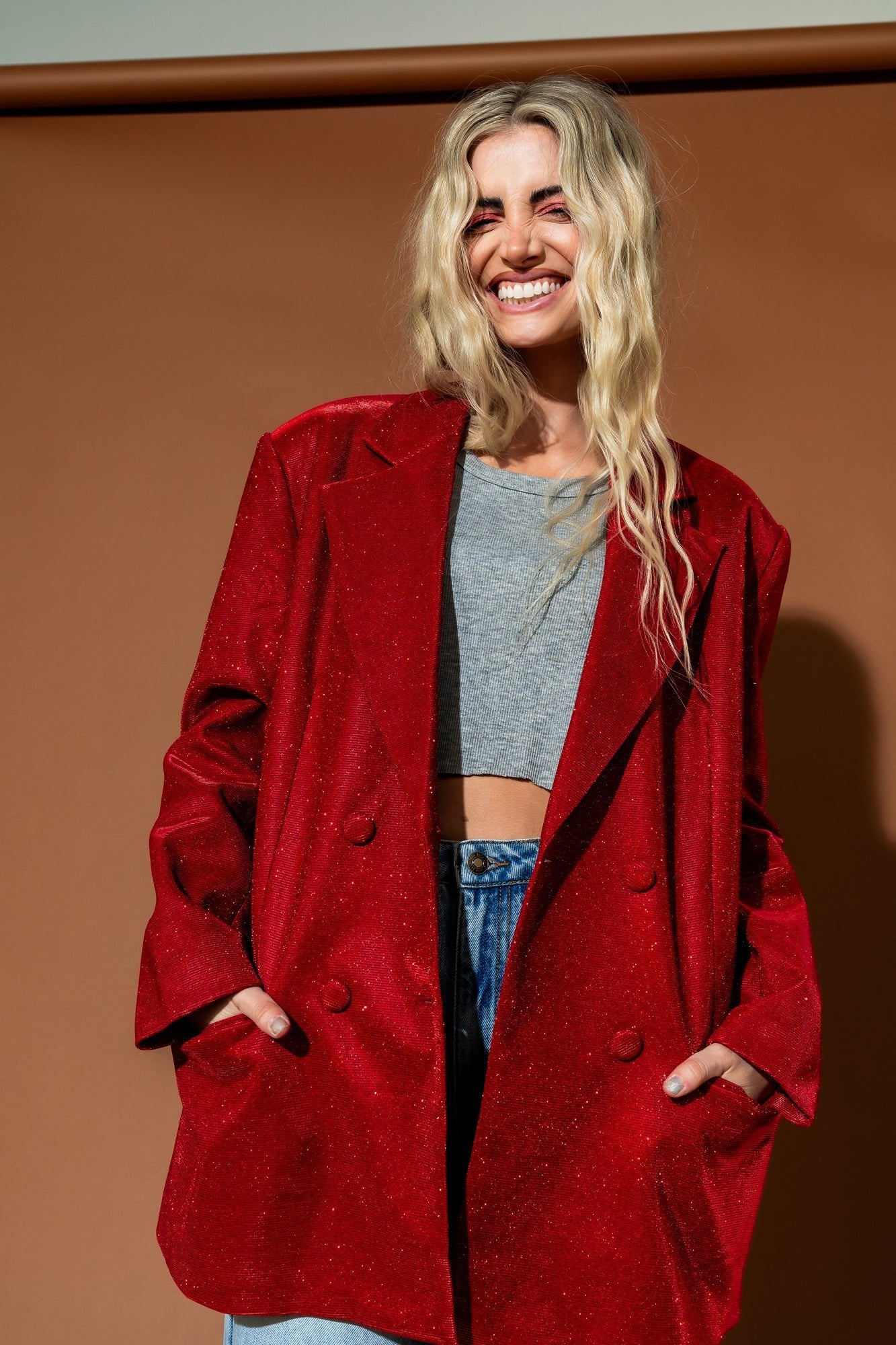 To The Disco Sparkle Boyfriend Blazer in Ruby Red - Dressed in Lala