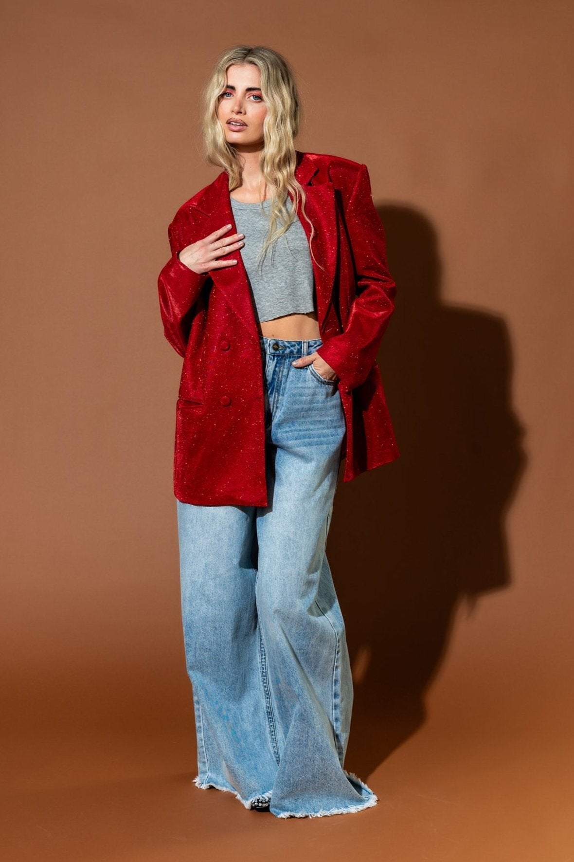 To The Disco Sparkle Boyfriend Blazer in Ruby Red - Dressed in Lala
