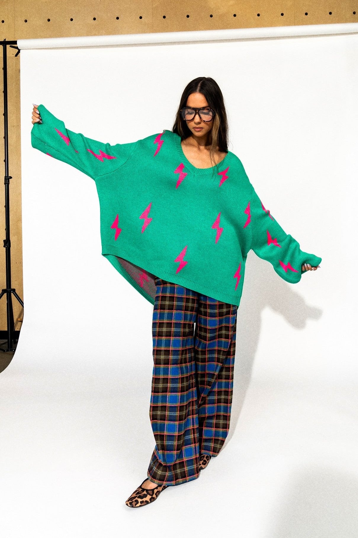 Ultra Lala Oversized Lightning Bolt Knit in Pink + Green - Dressed in Lala