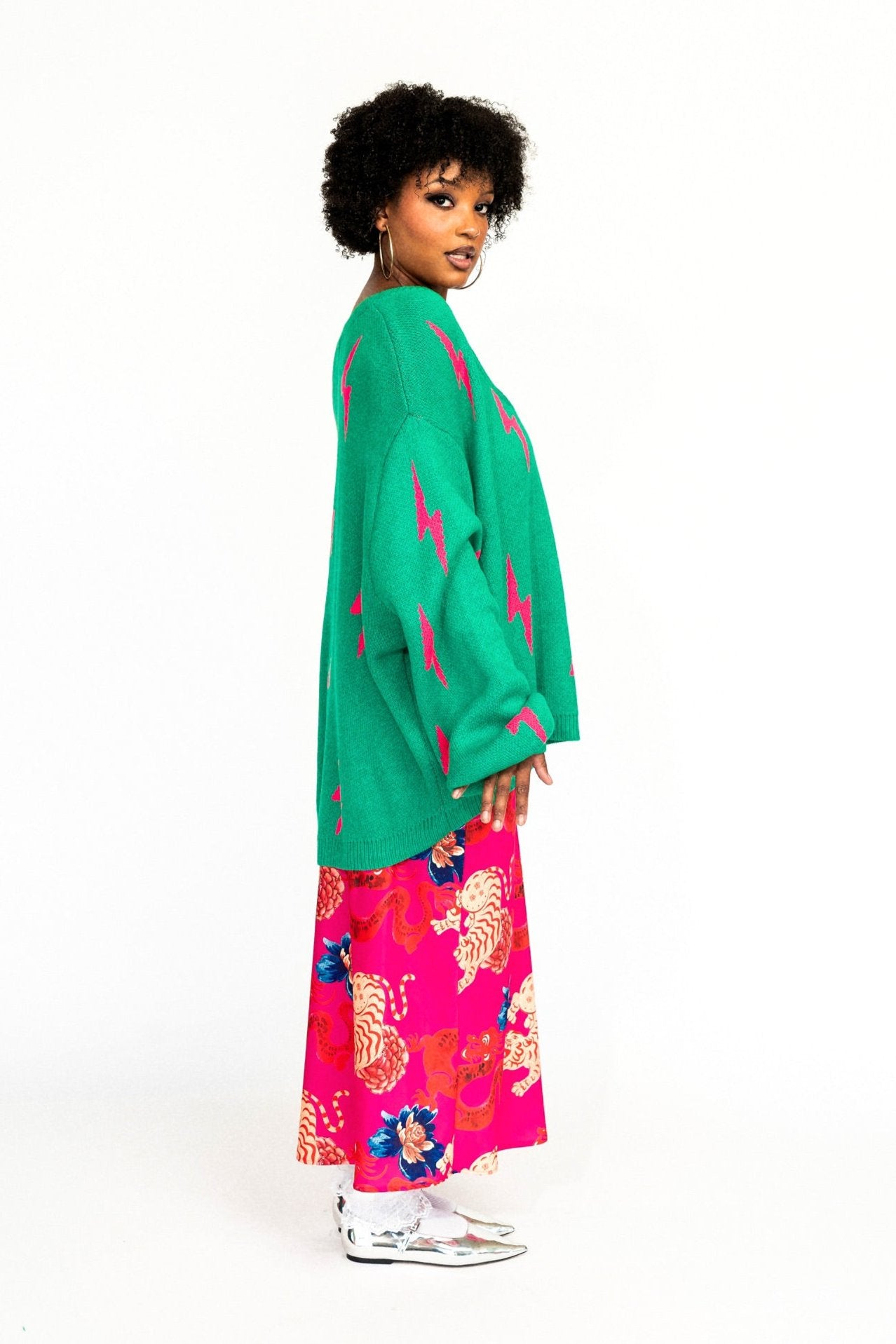Ultra Lala Oversized Lightning Bolt Knit in Pink + Green - Dressed in Lala