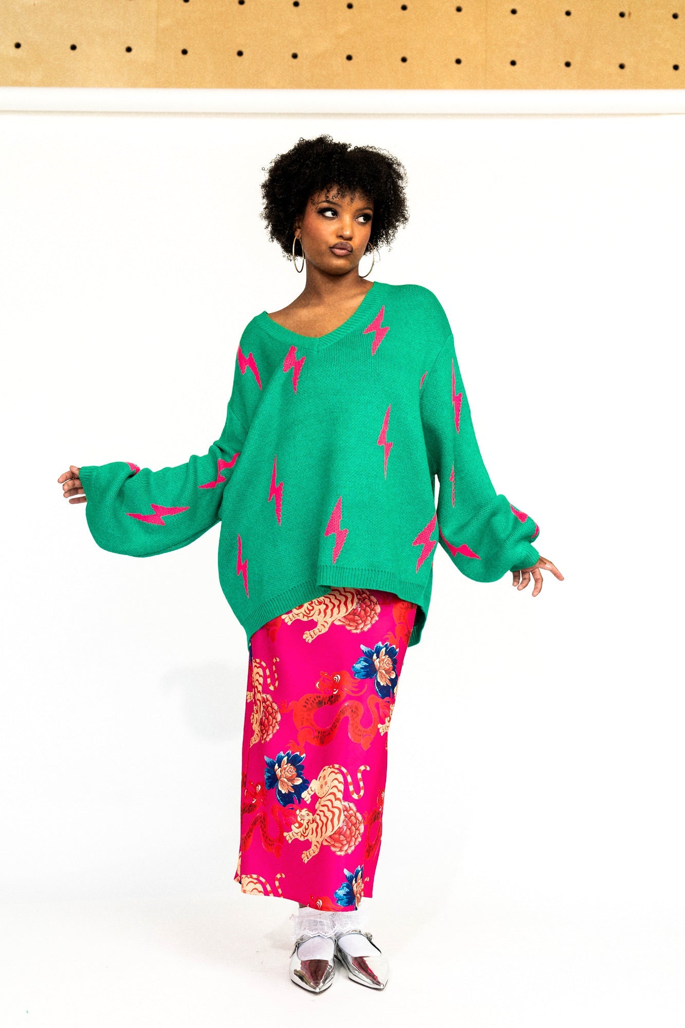 Ultra Lala Oversized Lightning Bolt Knit in Pink + Green - Dressed in Lala