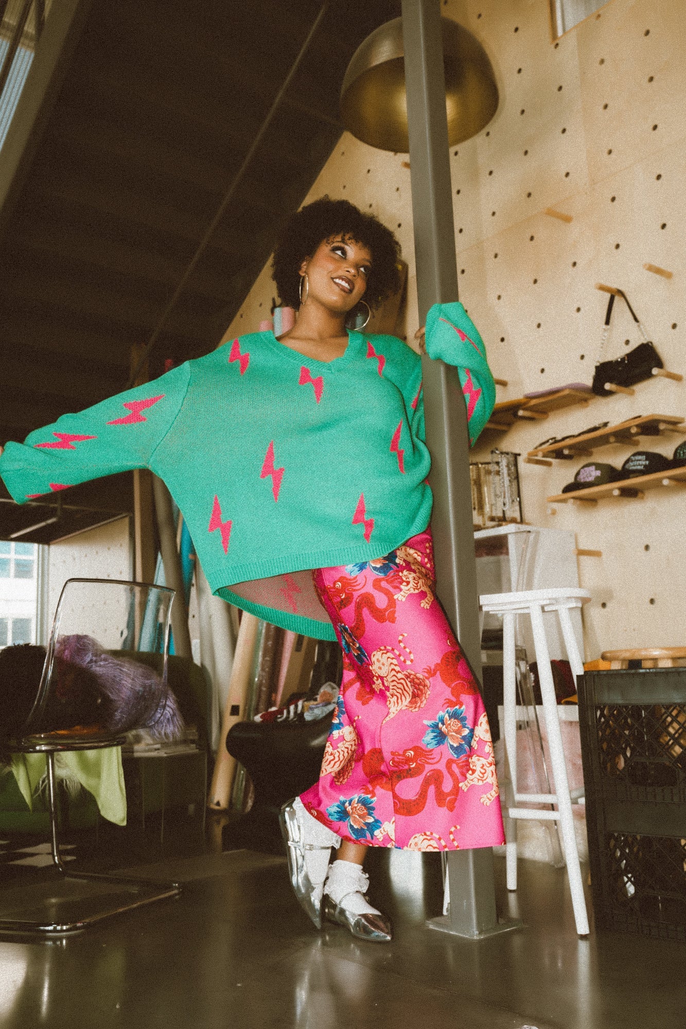 Ultra Lala Oversized Lightning Bolt Knit in Pink + Green - Dressed in Lala