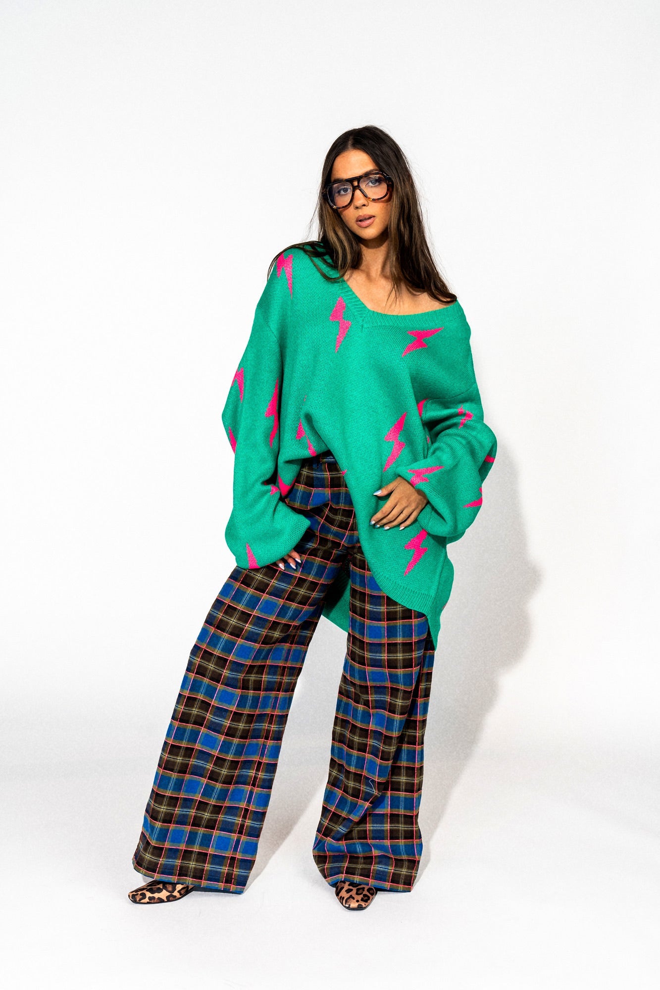 Ultra Lala Oversized Lightning Bolt Knit in Pink + Green - Dressed in Lala