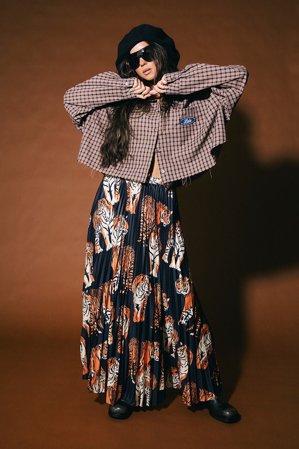 Untamable Pleated Midi Skirt in Black Tiger Tales - Dressed in Lala