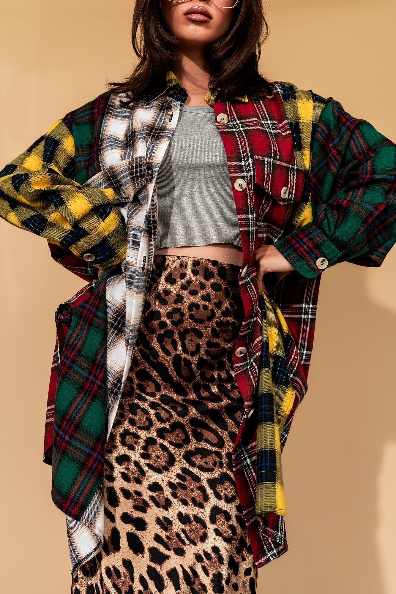 Zuri Oversized Grunge Flannel in Color Block Patchwork - Dressed in Lala