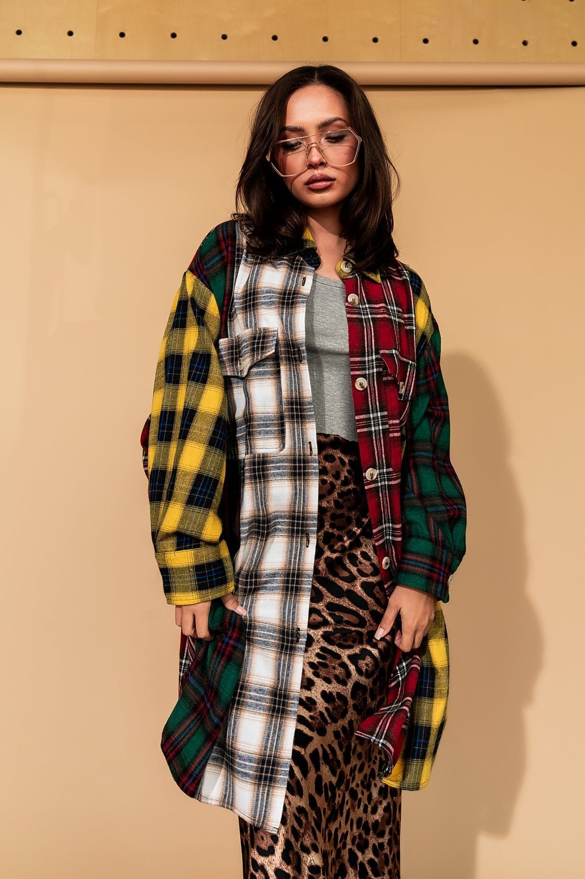 Zuri Oversized Grunge Flannel in Color Block Patchwork - Dressed in Lala