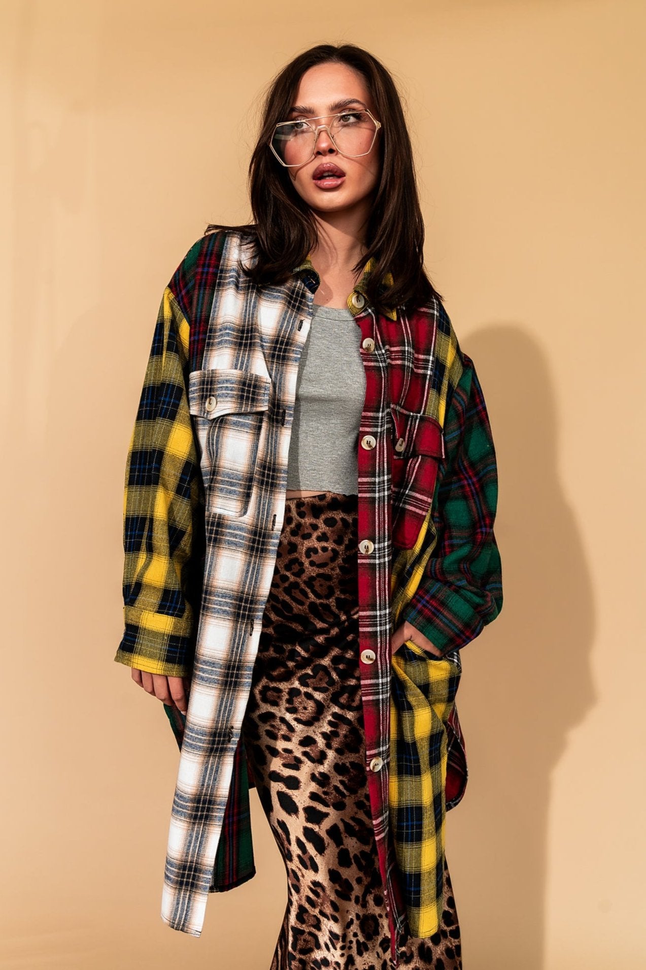 Zuri Oversized Grunge Flannel in Color Block Patchwork - Dressed in Lala