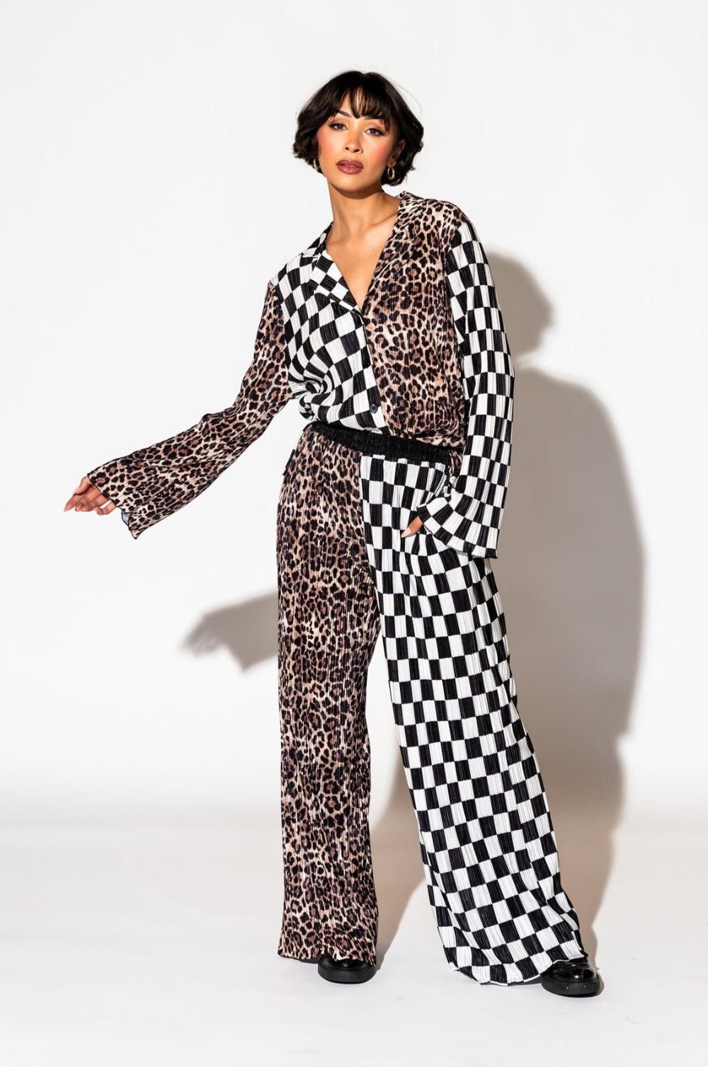 Long Sleeve Plissé Set in Leopard + Check