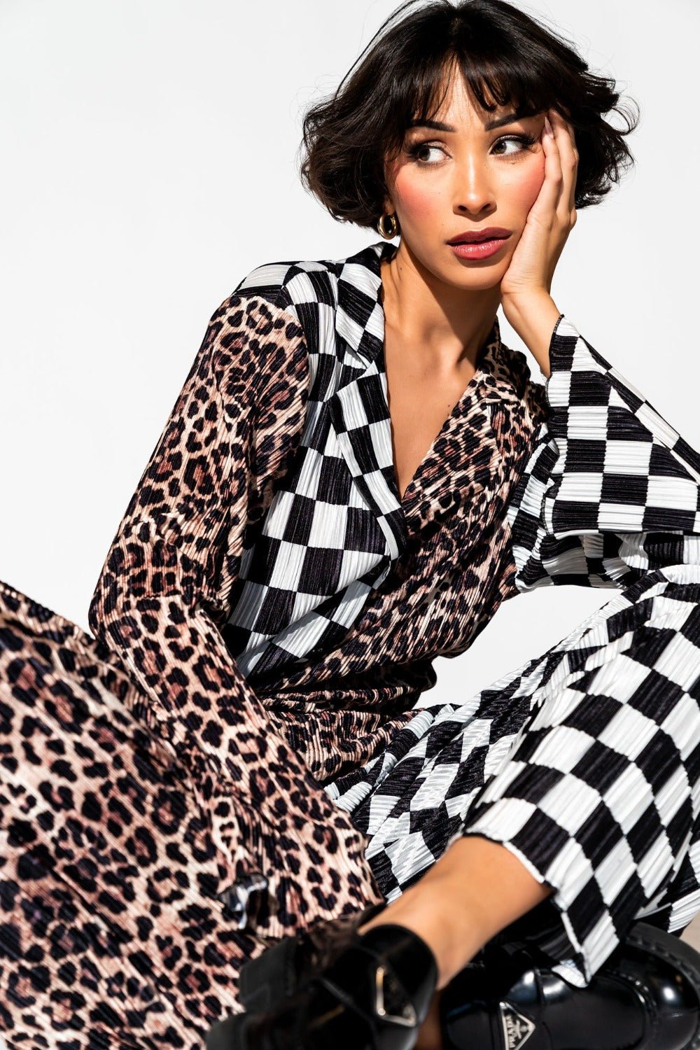 Long Sleeve Plissé Set in Leopard + Check
