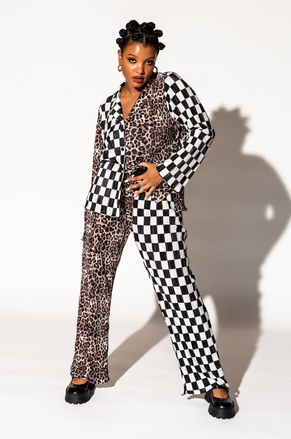 Long Sleeve Plissé Set in Leopard + Check