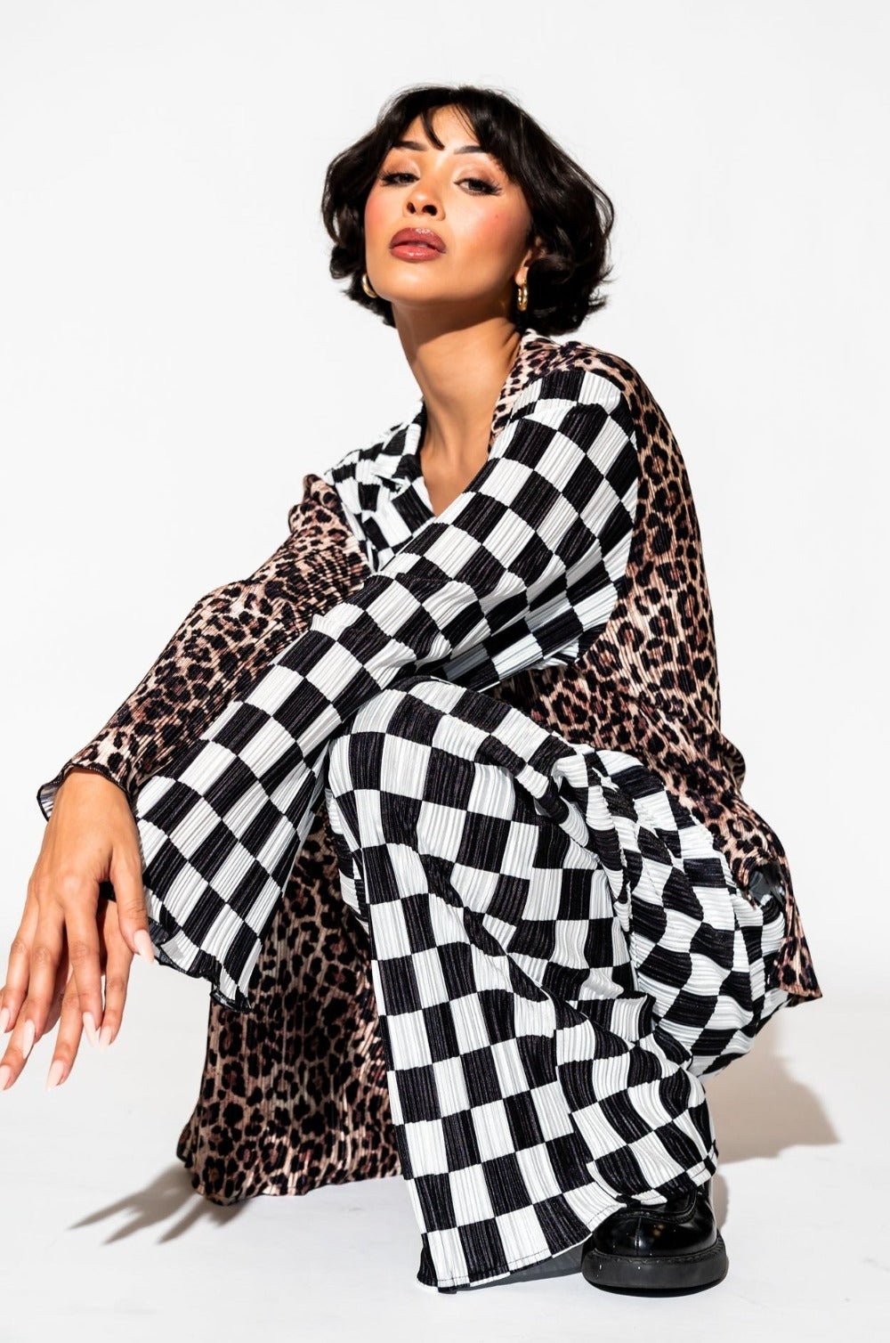 Long Sleeve Plissé Set in Leopard + Check
