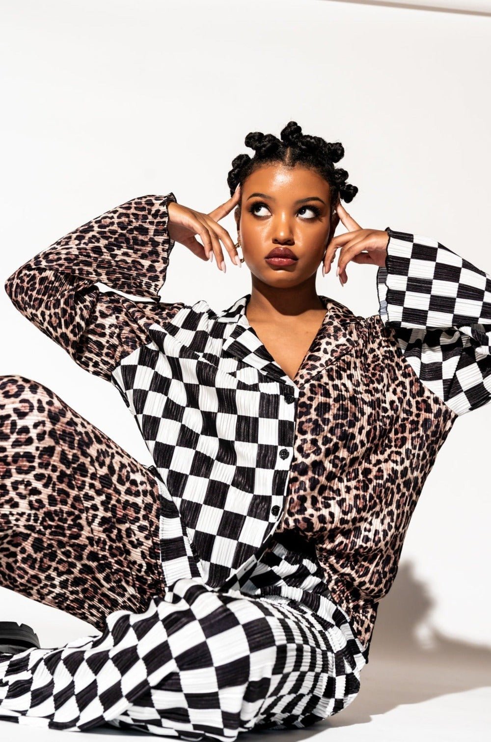 Long Sleeve Plissé Set in Leopard + Check