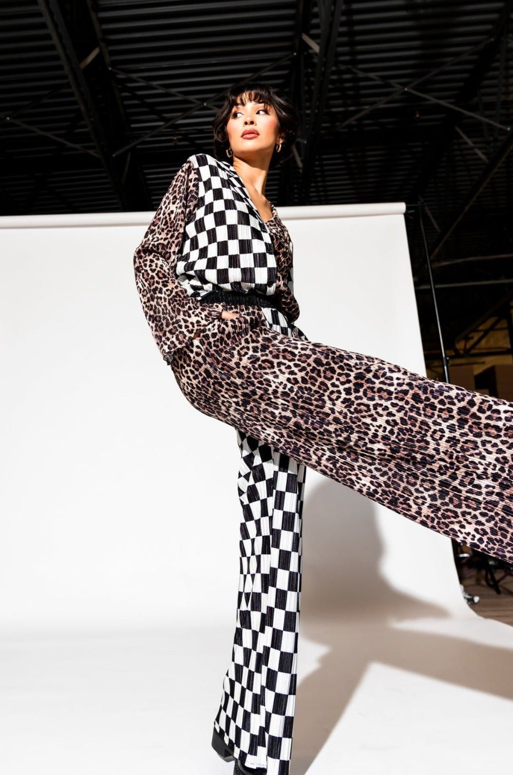 Long Sleeve Plissé Set in Leopard + Check