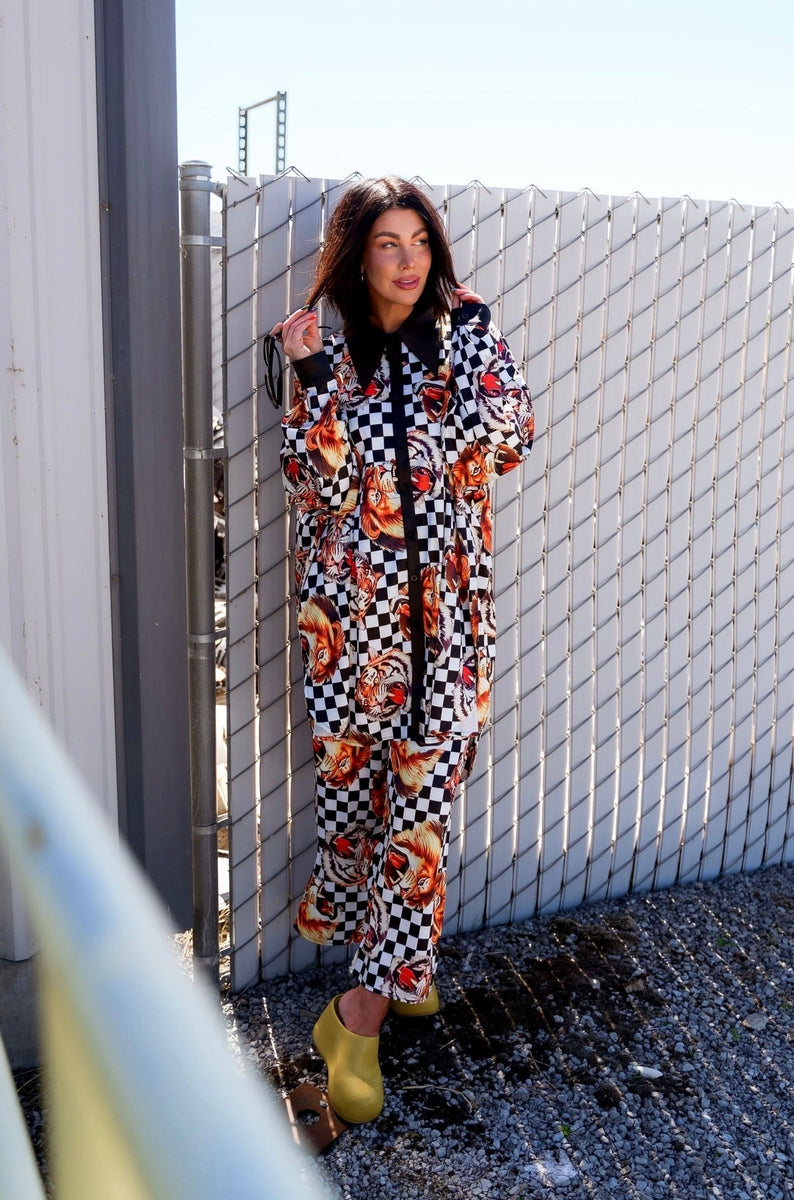 Posh Satin Playsuit in Lions, Tigers, Check, Oh My! Dressed in Lala