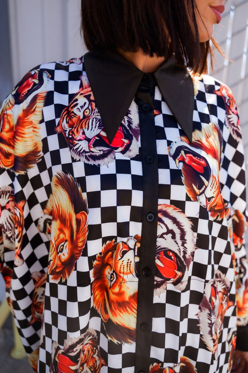 Posh Satin Playsuit in Lions, Tigers, Check, Oh My! Dressed in Lala