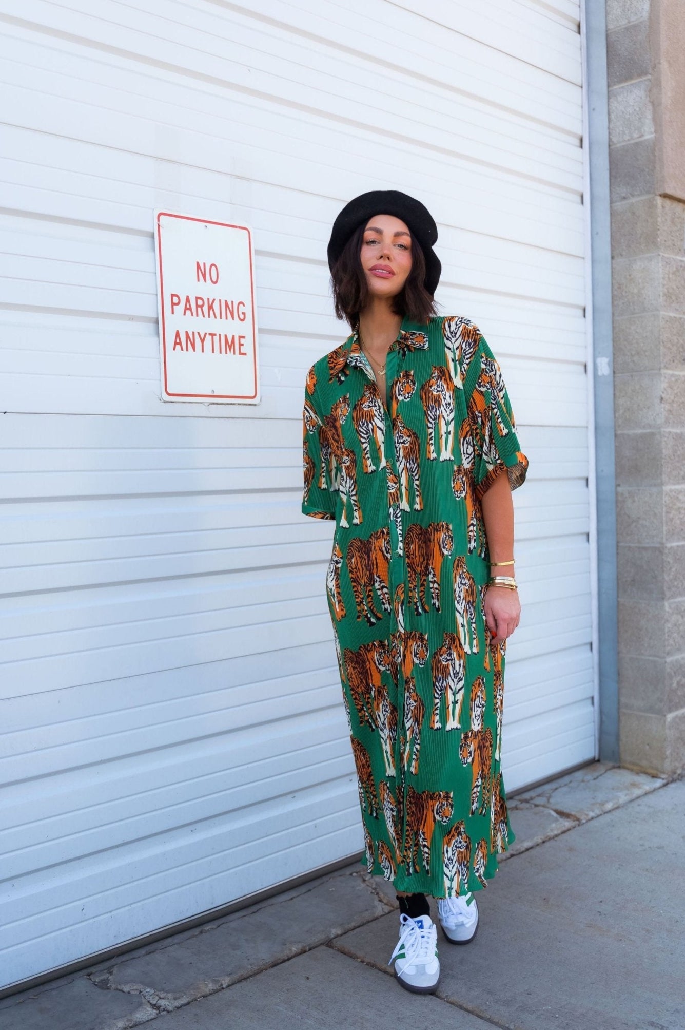 Oversized Plisse Shirt Dress in Green Tiger Tales Print -Lala Original Oversized Plisse Shirt Dress in Green Tiger Tales Print -Lala Original