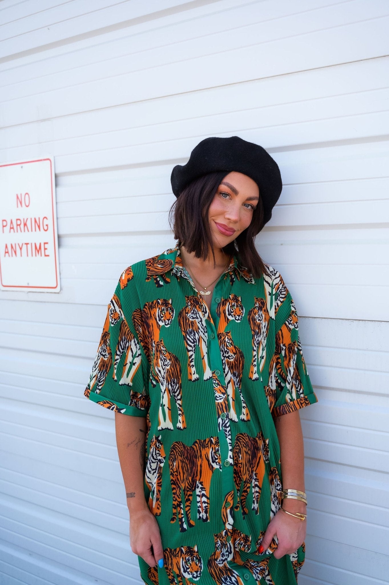 So Far So Good Oversized Plissé Dress in Tiger Tales