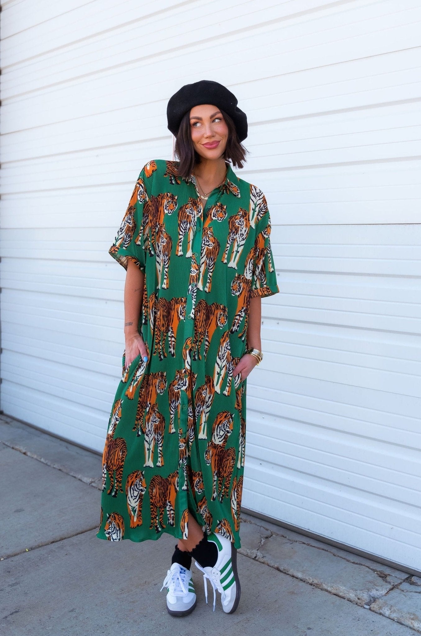 So Far So Good Oversized Plissé Dress in Tiger Tales