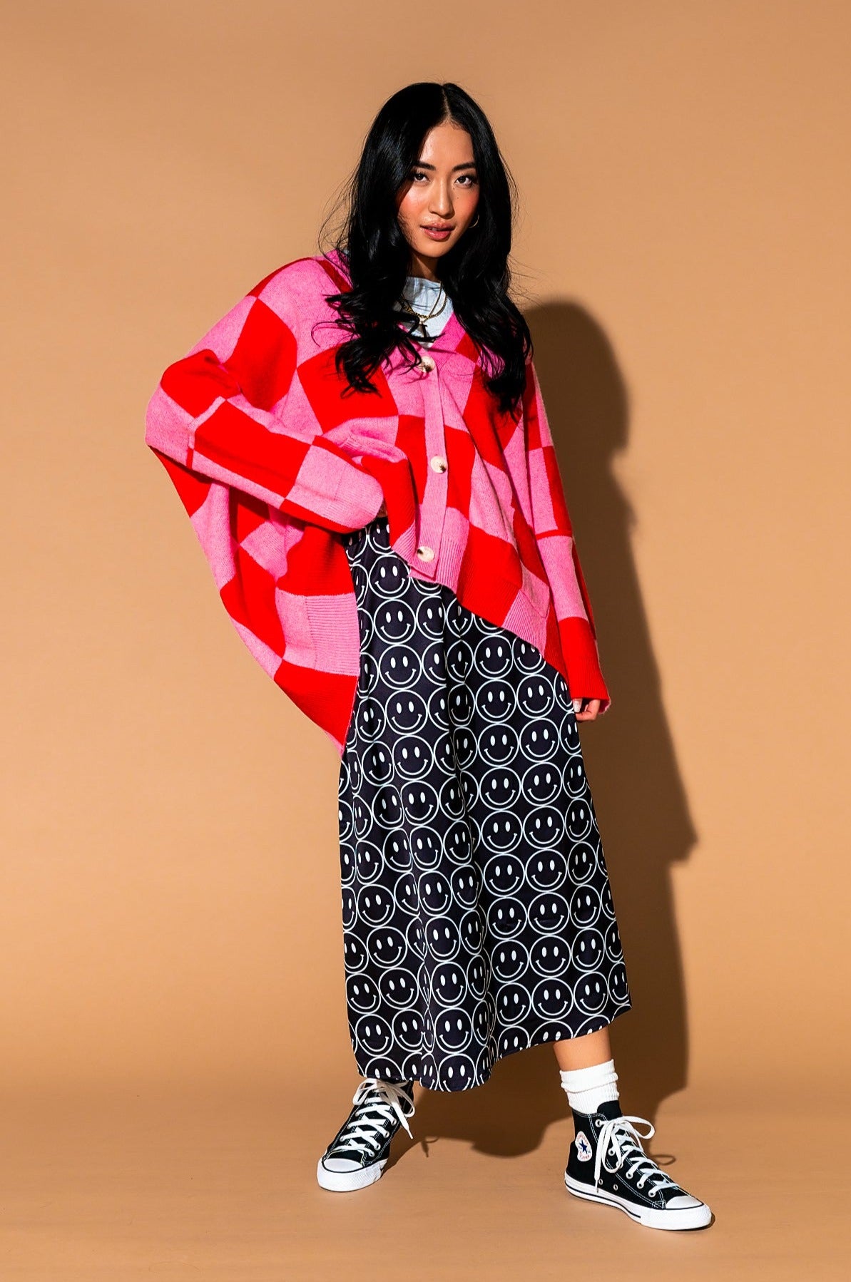 Love You Oversized Checkerboard Cardigan in Red + Pink