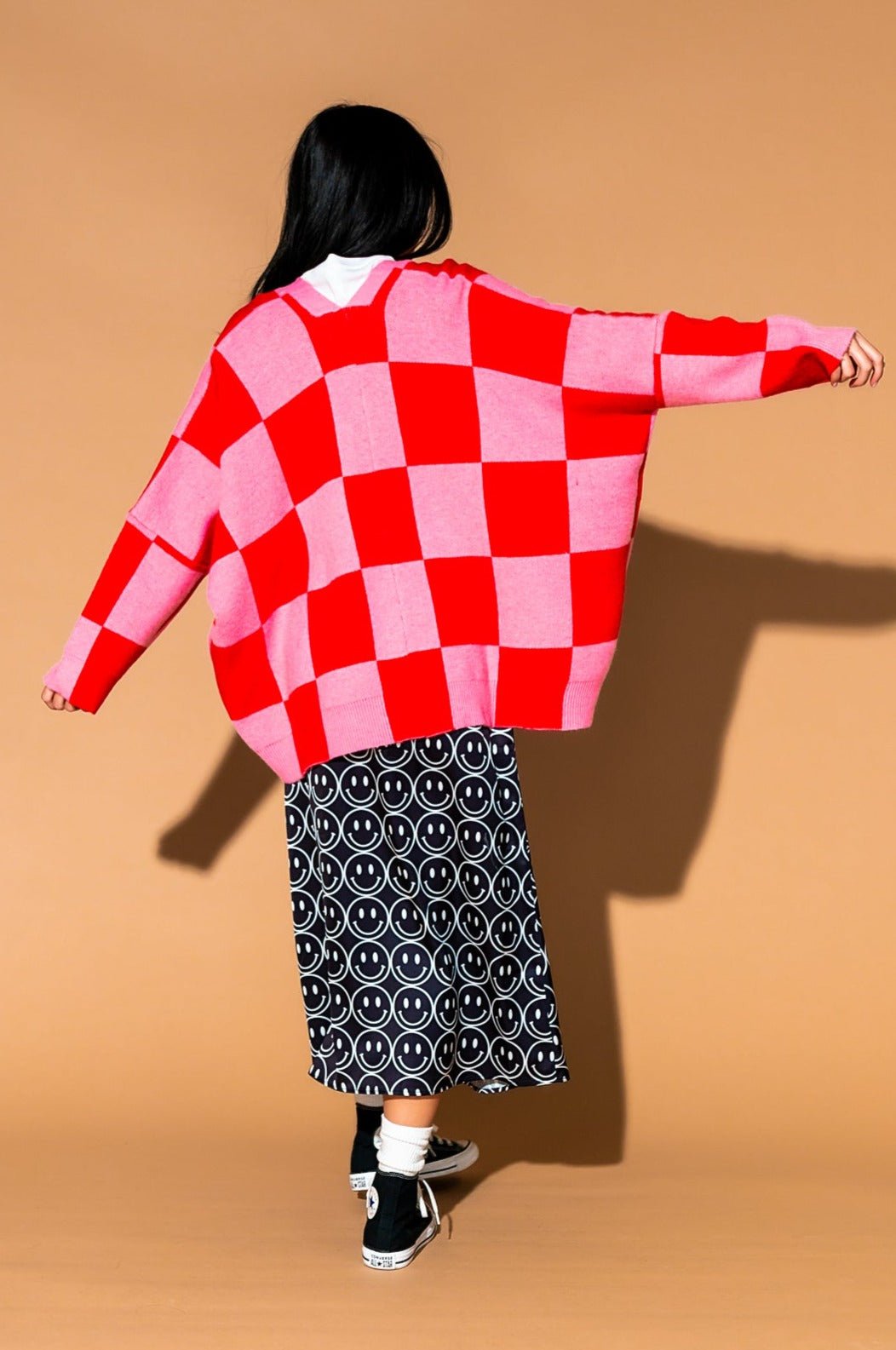 Love You Oversized Checkerboard Cardigan in Red + Pink