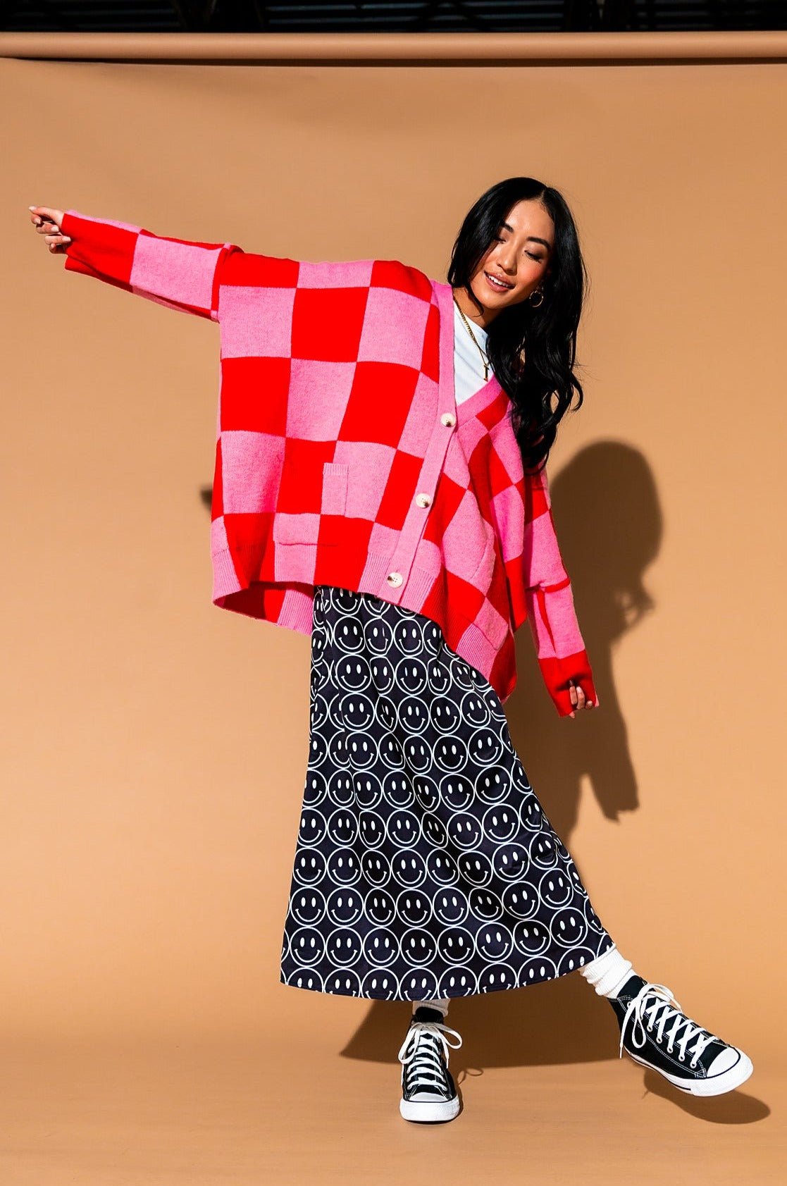 Love You Oversized Checkerboard Cardigan in Red + Pink