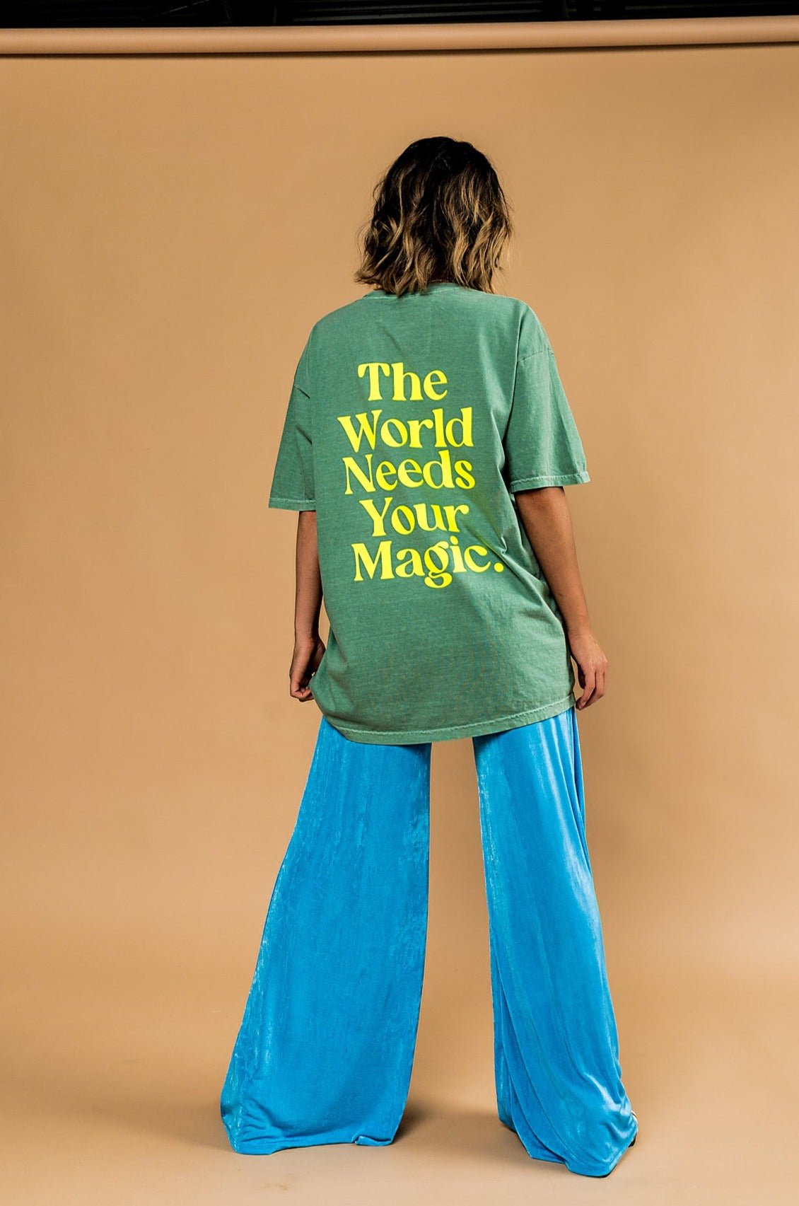 The World Needs Your Magic Oversized Tee in Sage + Neon