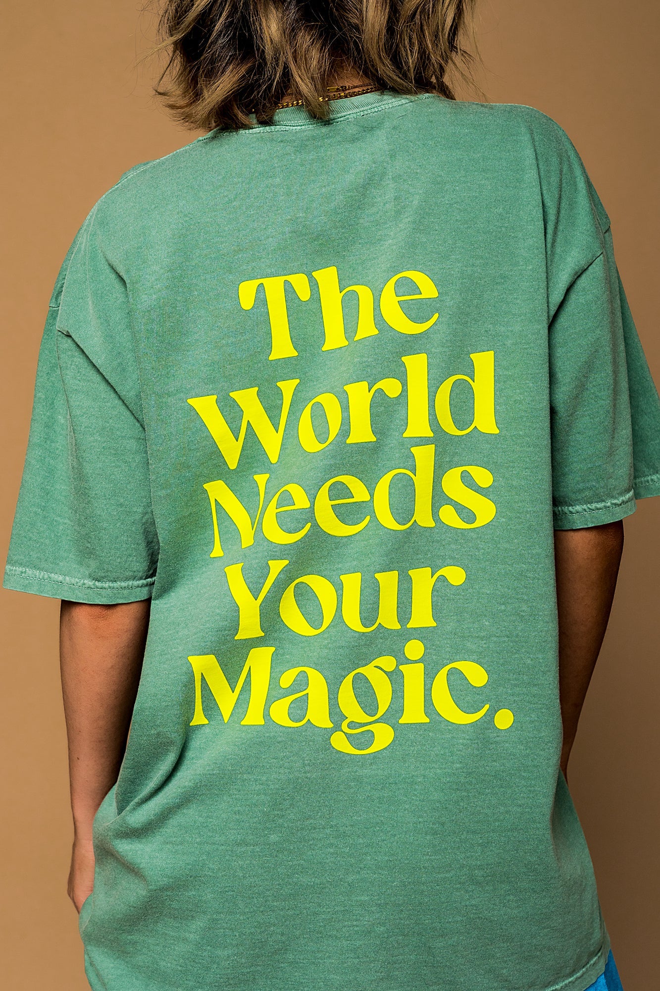 The World Needs Your Magic Oversized Tee in Sage + Neon
