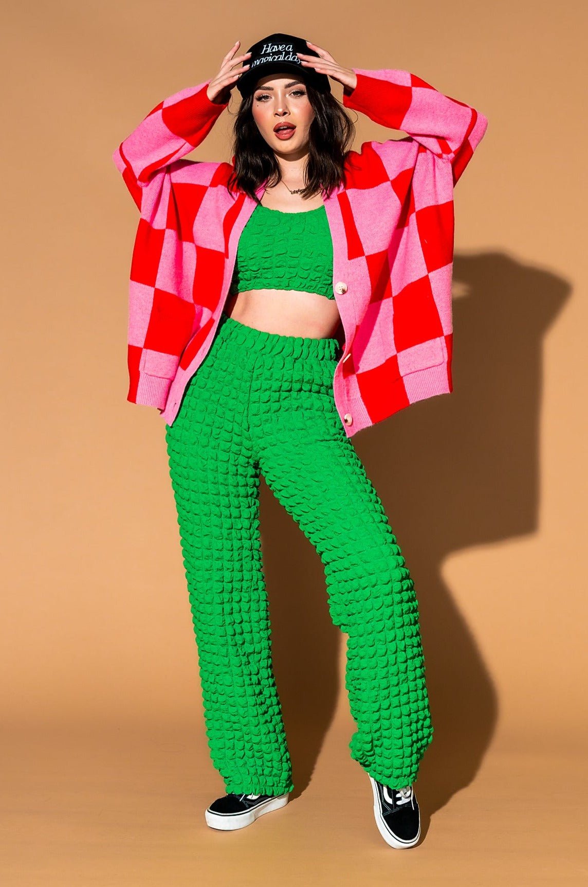 Love You Oversized Checkerboard Cardigan in Red + Pink