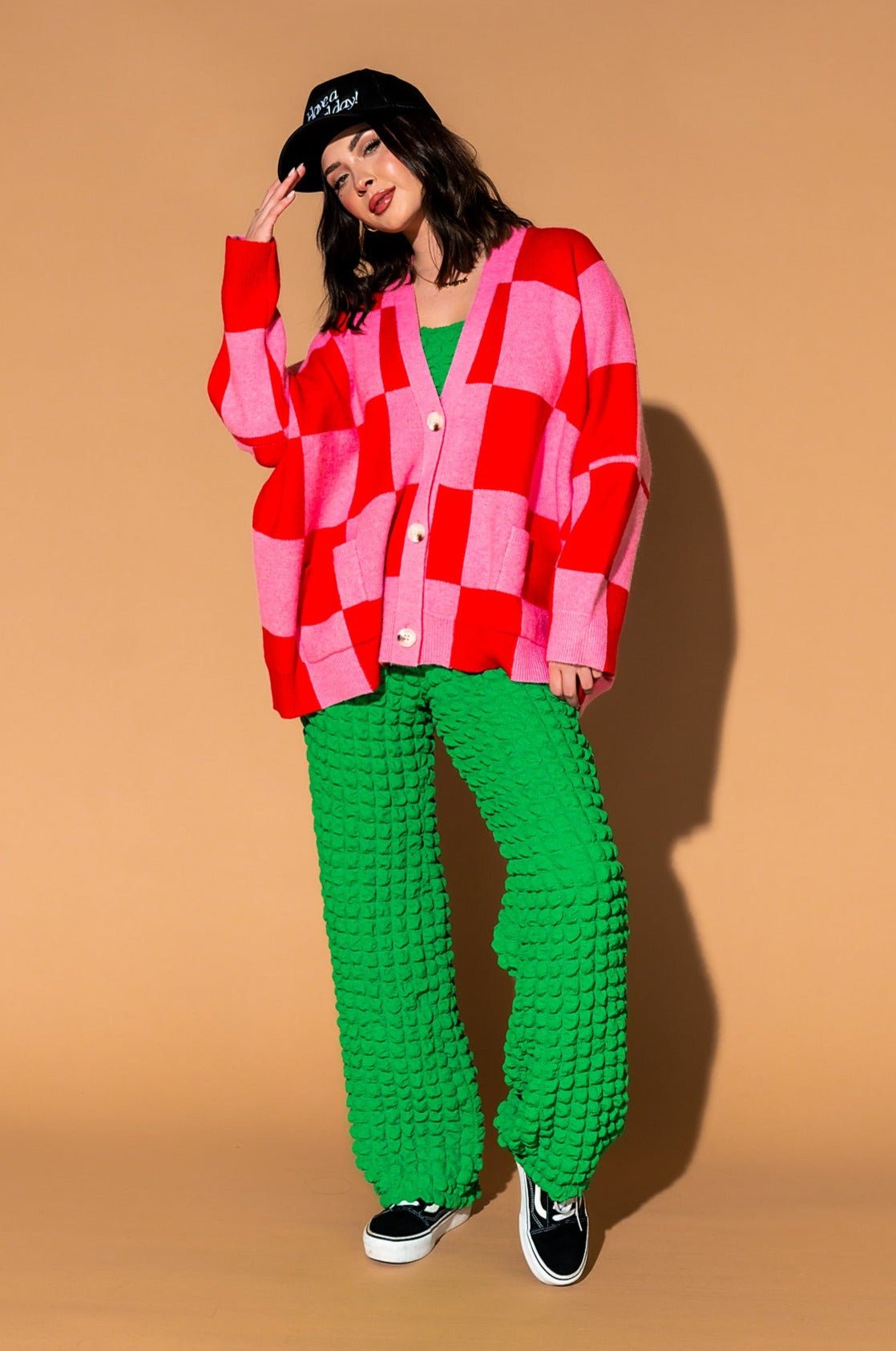 Love You Oversized Checkerboard Cardigan in Red + Pink
