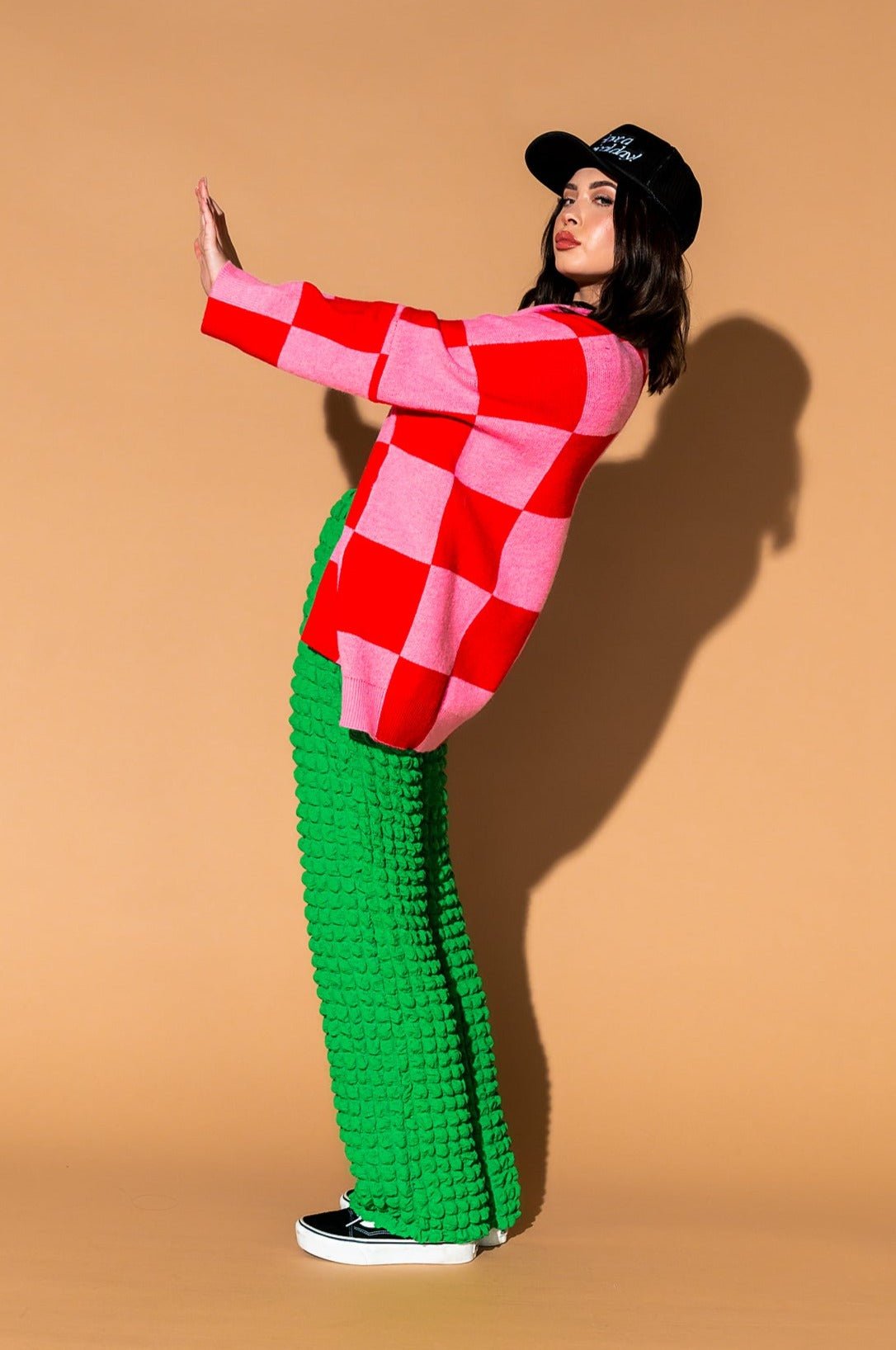 Love You Oversized Checkerboard Cardigan in Red + Pink
