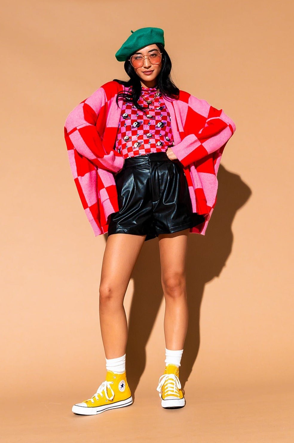 Love You Oversized Checkerboard Cardigan in Red + Pink