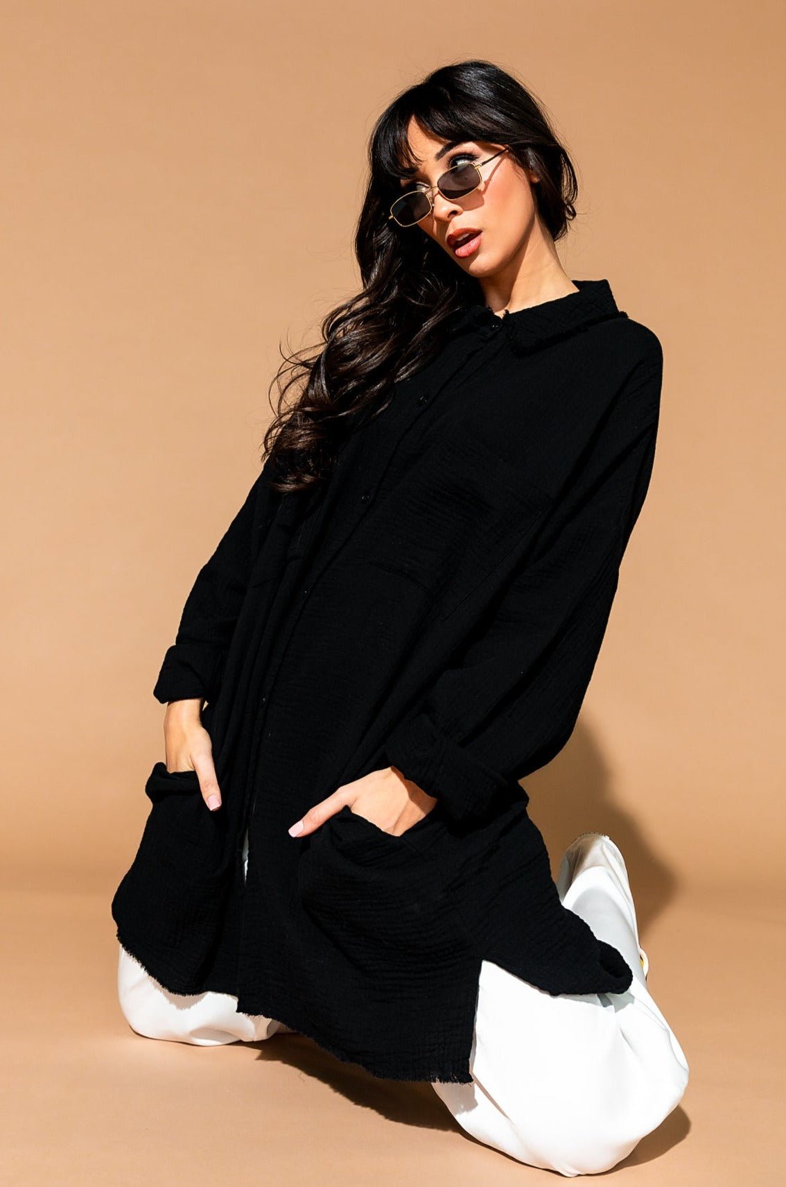 Lala Made Me Do It Oversized Button Up in Black