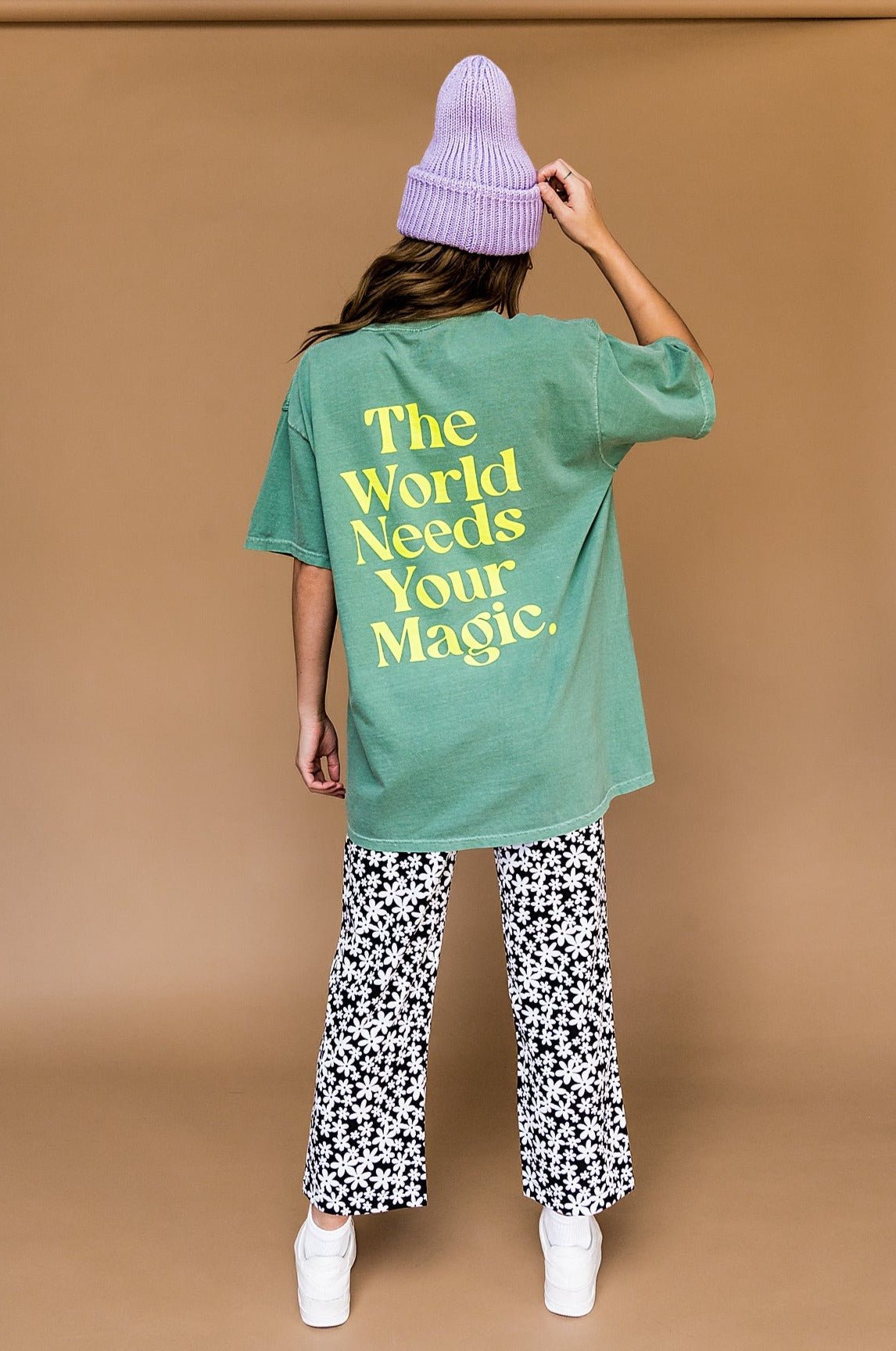 The World Needs Your Magic Oversized Tee in Sage + Neon