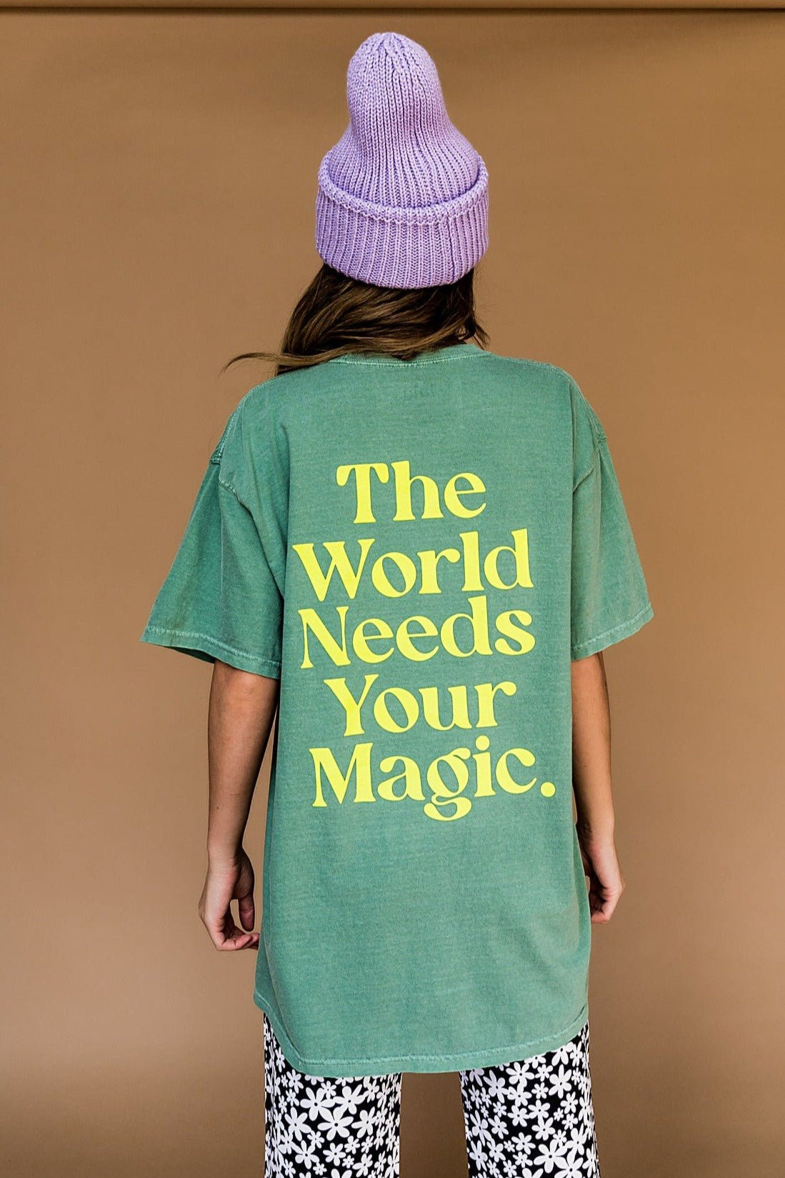 The World Needs Your Magic Oversized Tee in Sage + Neon