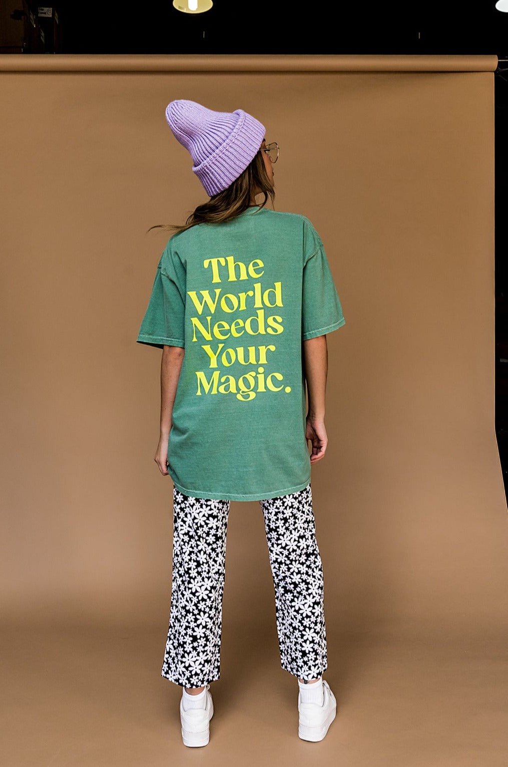 The World Needs Your Magic Oversized Tee in Sage + Neon