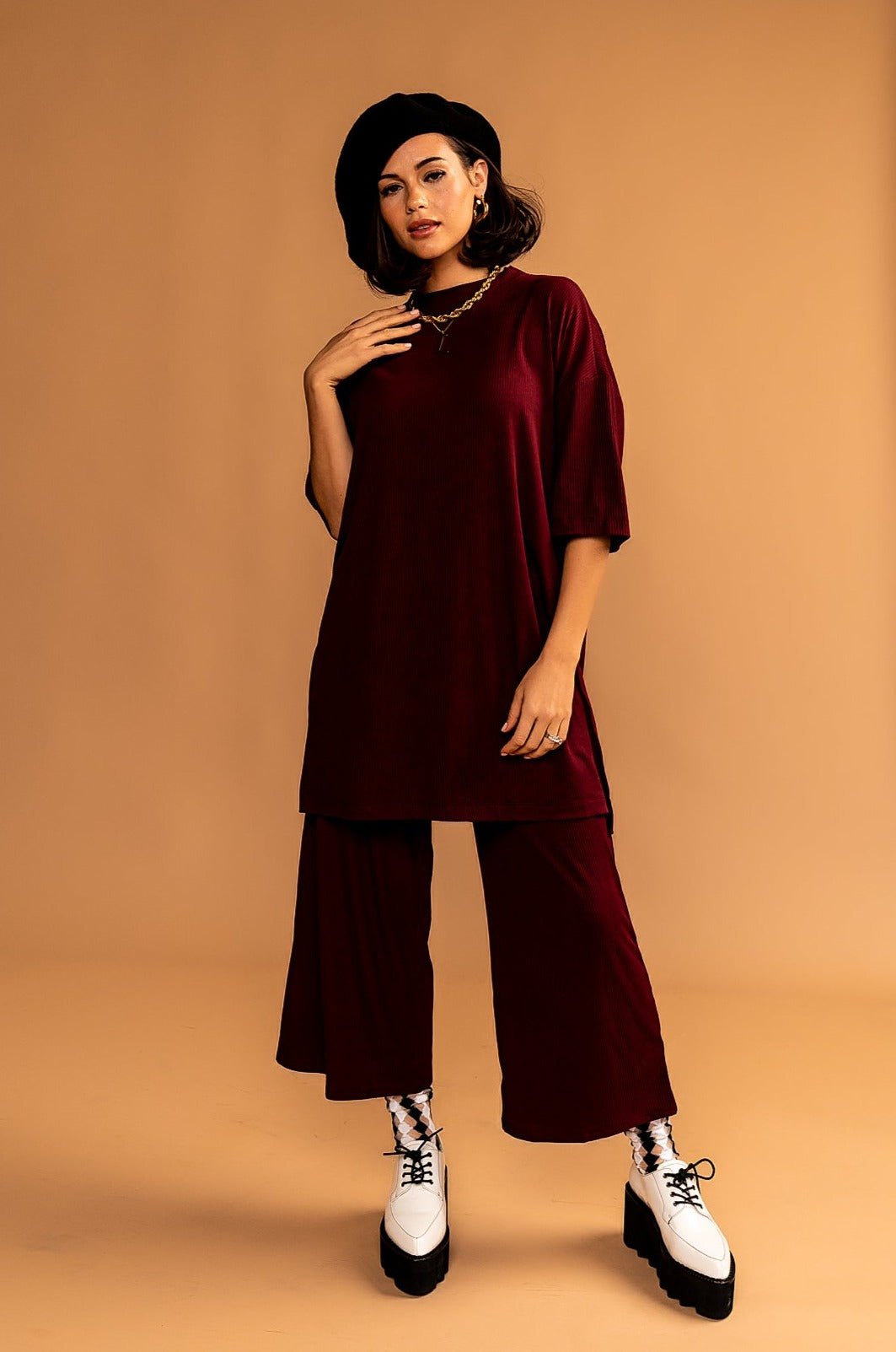 Lex Ribbed Playsuit in Wine