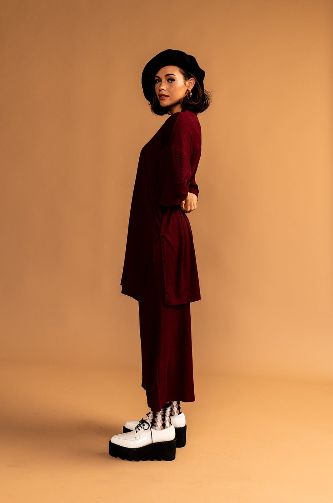 Lex Ribbed Playsuit in Wine