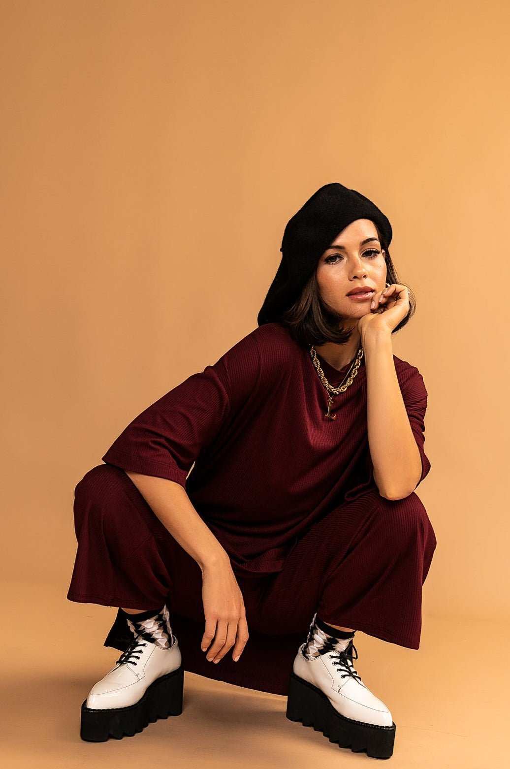 Lex Ribbed Playsuit in Wine