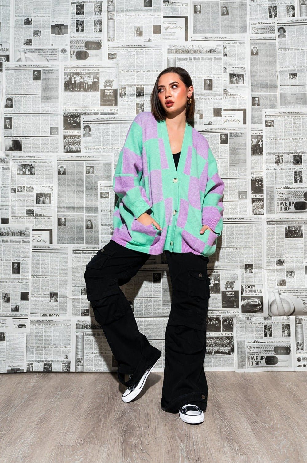 Love You Oversized Checkerboard Cardigan in Lilac + Mint