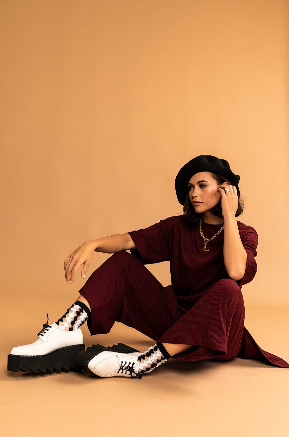 Lex Ribbed Playsuit in Wine