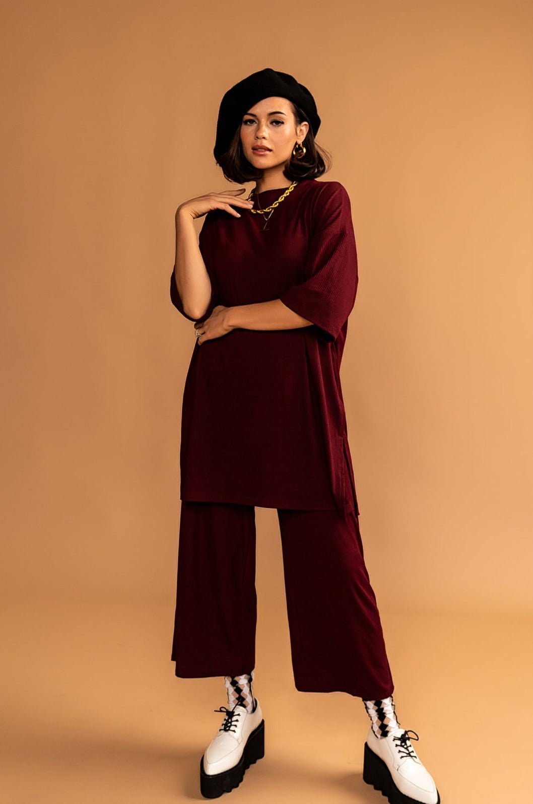 Lex Ribbed Playsuit in Wine