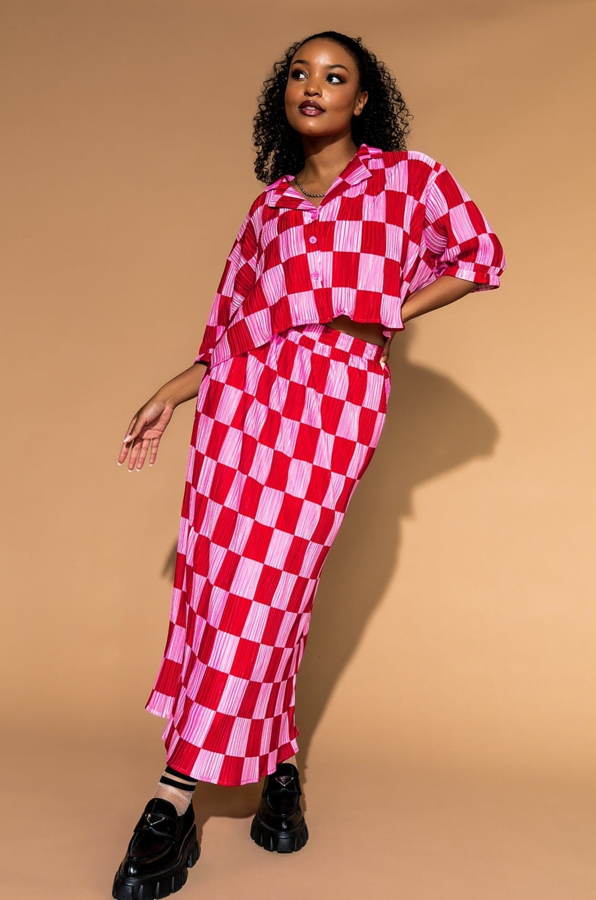 Ćest la Vie Plissé Skirt Set in Red + Pink