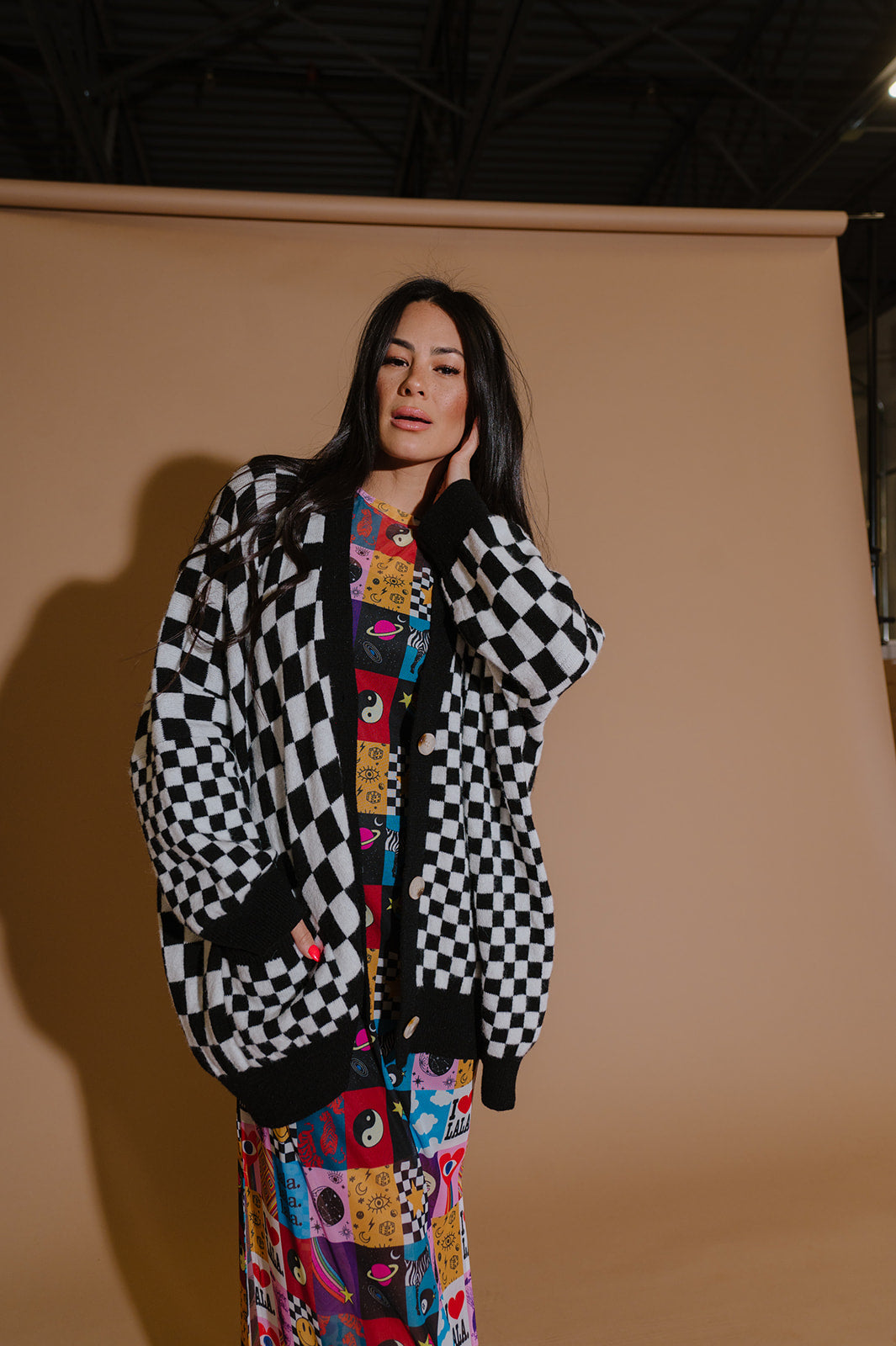 Love You Oversized Cardigan in Mixed Checkerboard