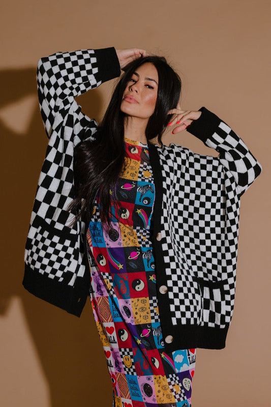 Love You Oversized Cardigan in Mixed Checkerboard