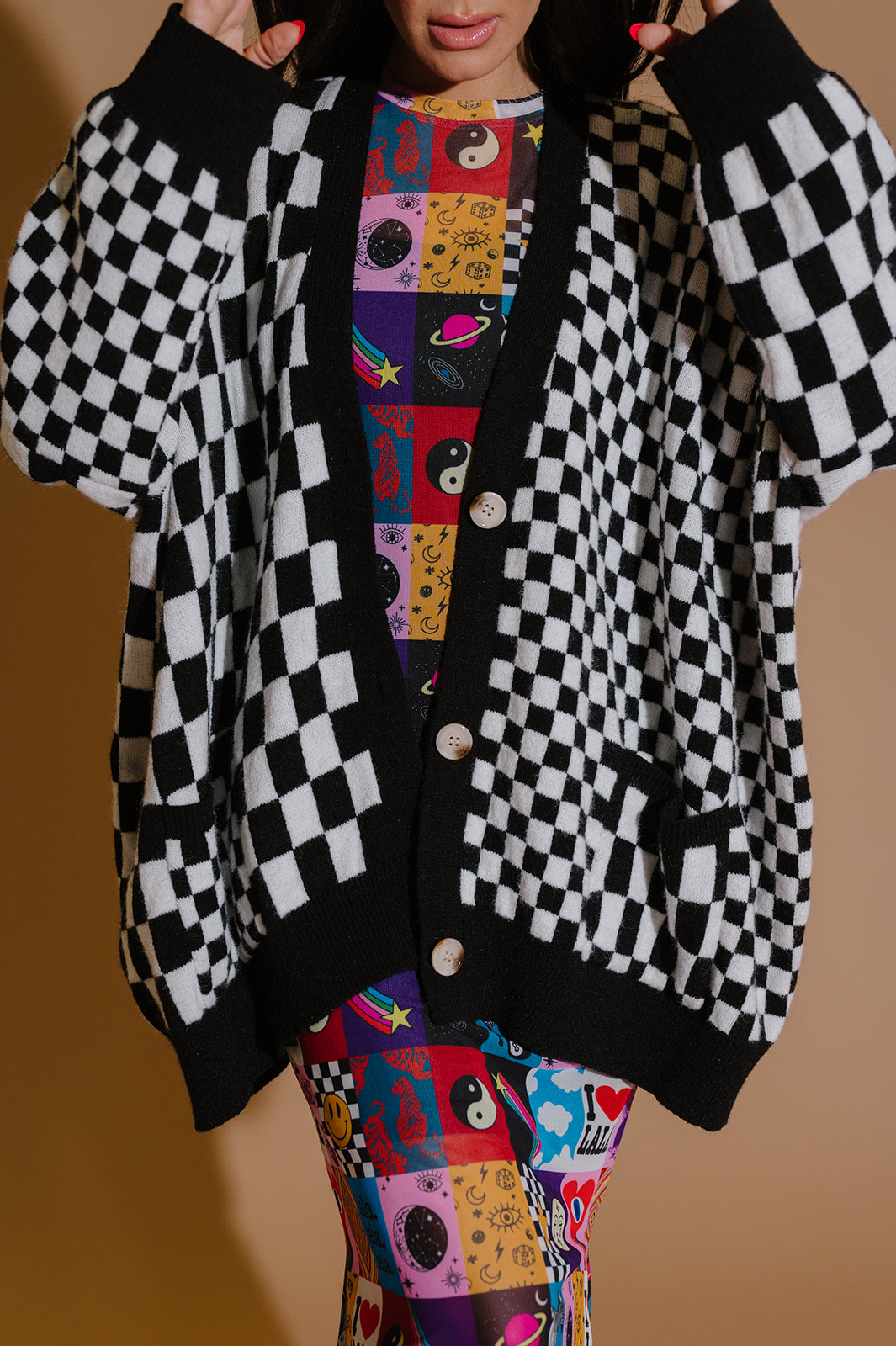 Love You Oversized Cardigan in Mixed Checkerboard