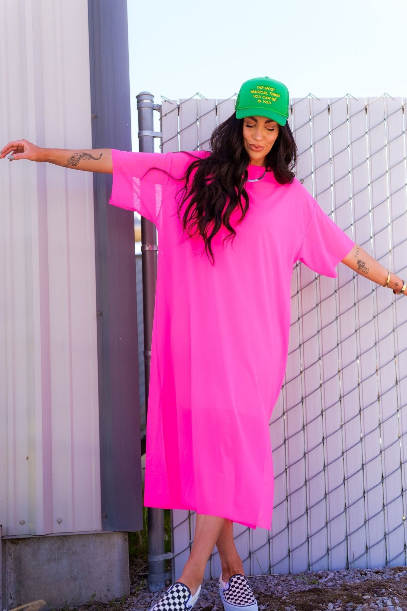 Karma Oversized Mesh Dress + Slip in Electric Pink *RESTOCKED*