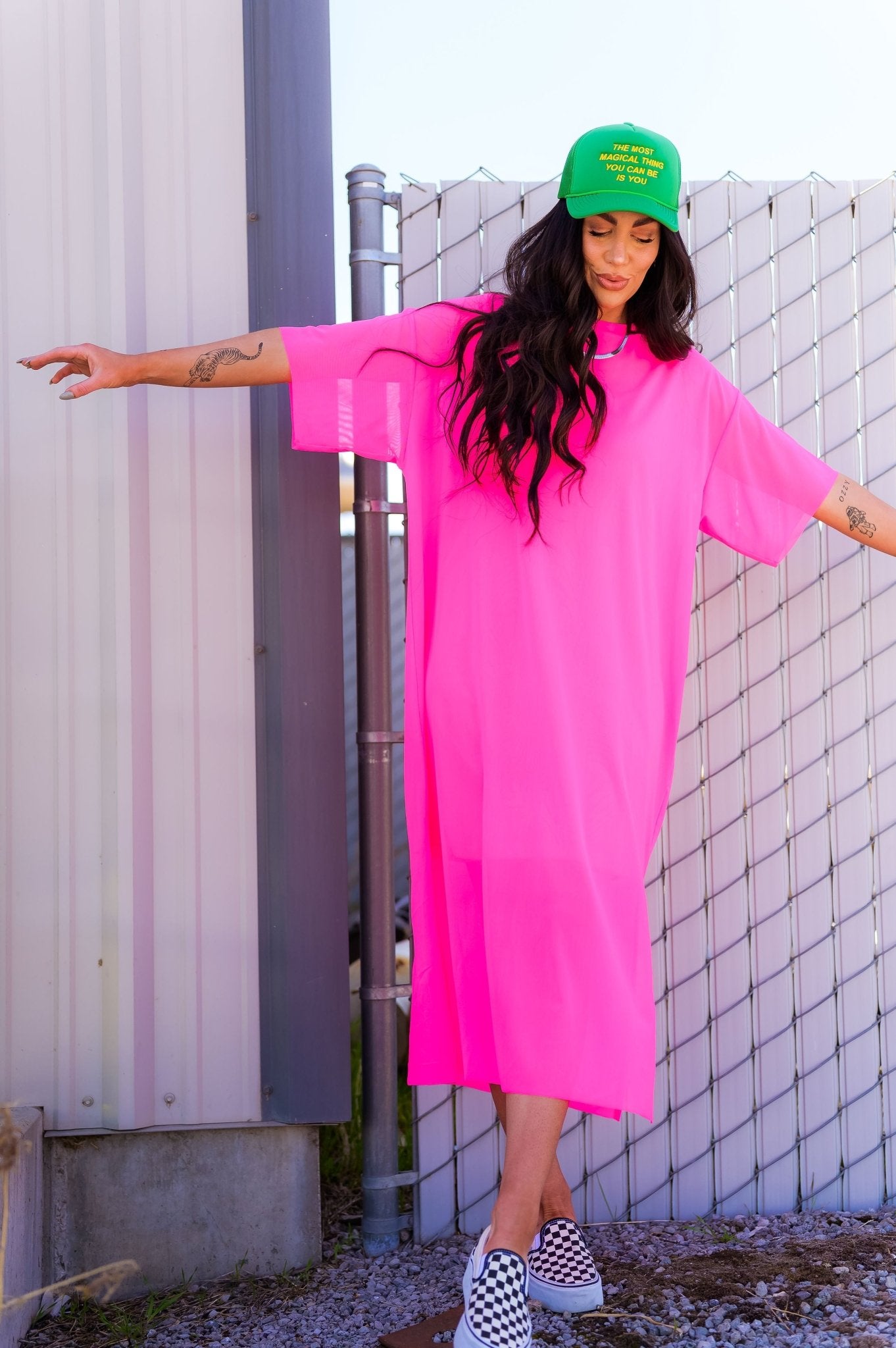 Karma Oversized Mesh Dress + Slip in Electric Pink *RESTOCKED*