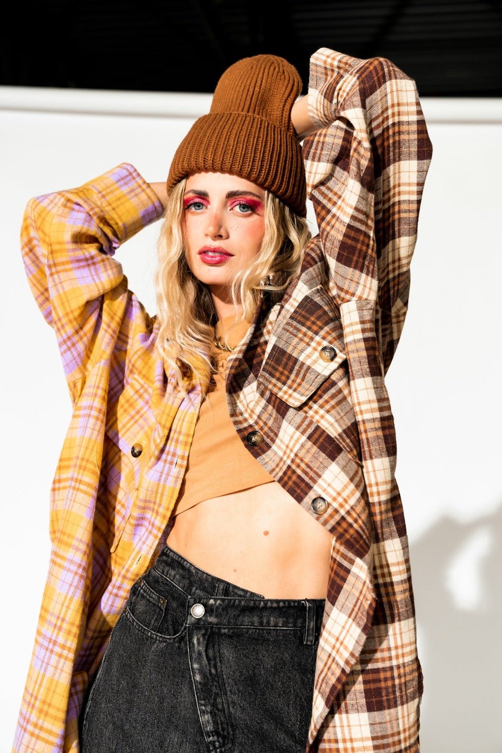 Dressed in Lala Half and Half Zuri Plaid Flannel Shacket Lavender Brown TP-1300